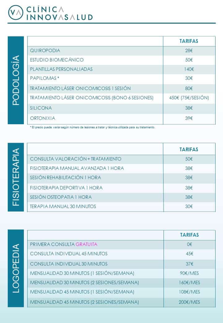 Precios podologia fisioterapia logopedia alcobendas san sebastian de los reyes clinica innovasalud